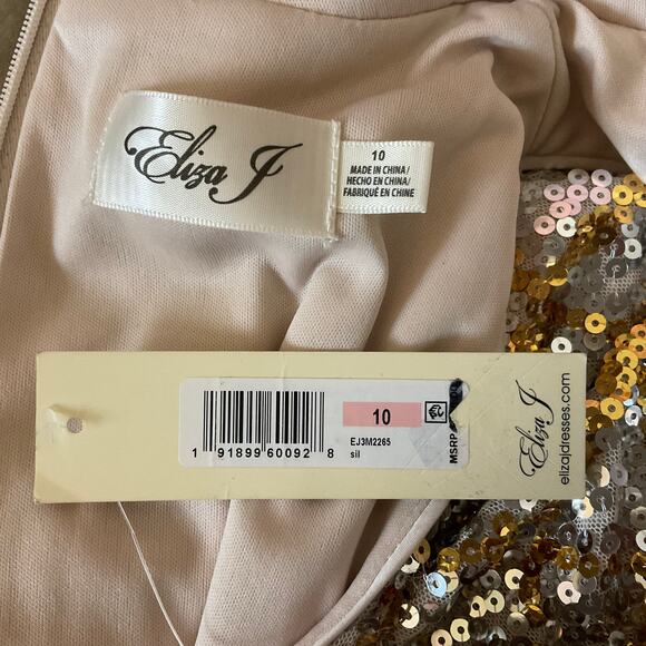 Eliza J Sequined Sleeveless Halter Sheath Cocktail Dress Gold and Silver Size 10 - Picture 9 of 12